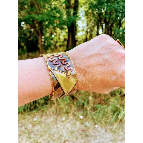 Vintage Brass and Copper bangle Cuff Bracelet Brutalist Abstract - Picture 8 of 12